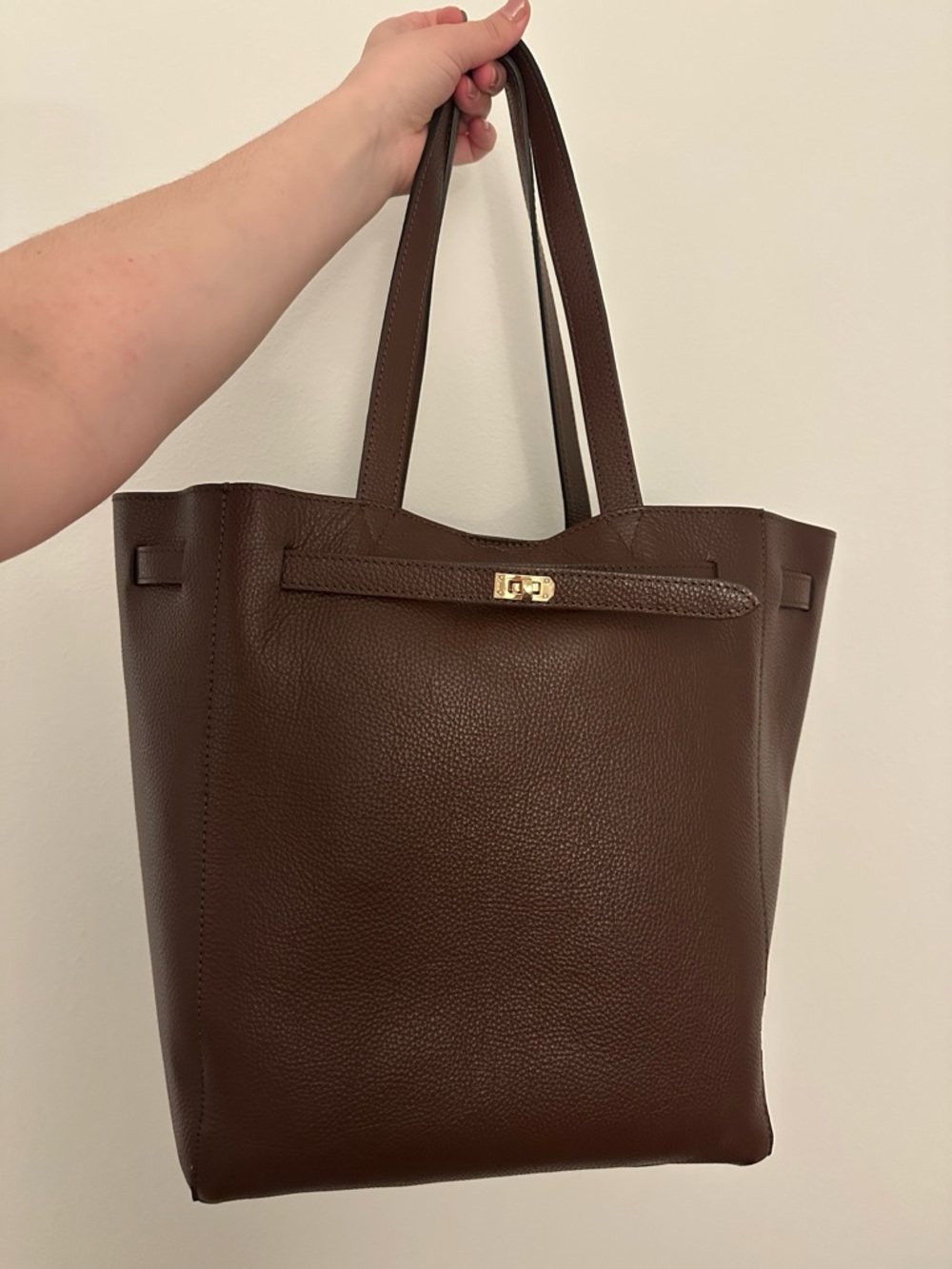 Classic Brown Leather Tote with Gold Accent